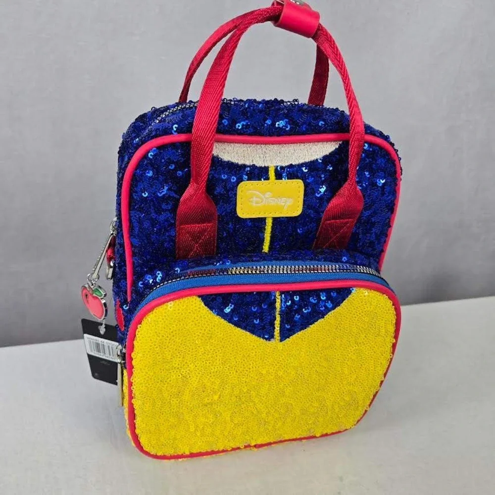 Disney Snow White Sequin Mini Backpack Bag‎ Blue Yellow Red Apple Charm NWT BD